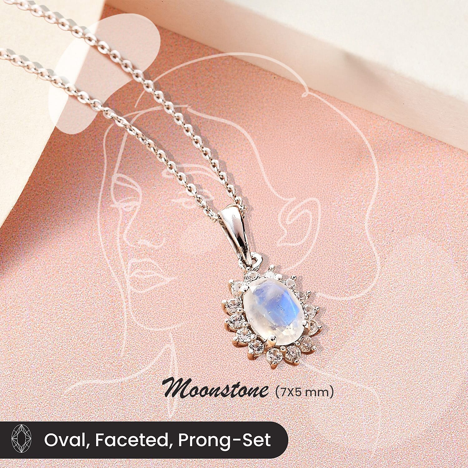 Rainbow Moonstone and Natural Zircon Halo Pendant with Chain (Size - 20) in Platinum Overlay Sterling Silver